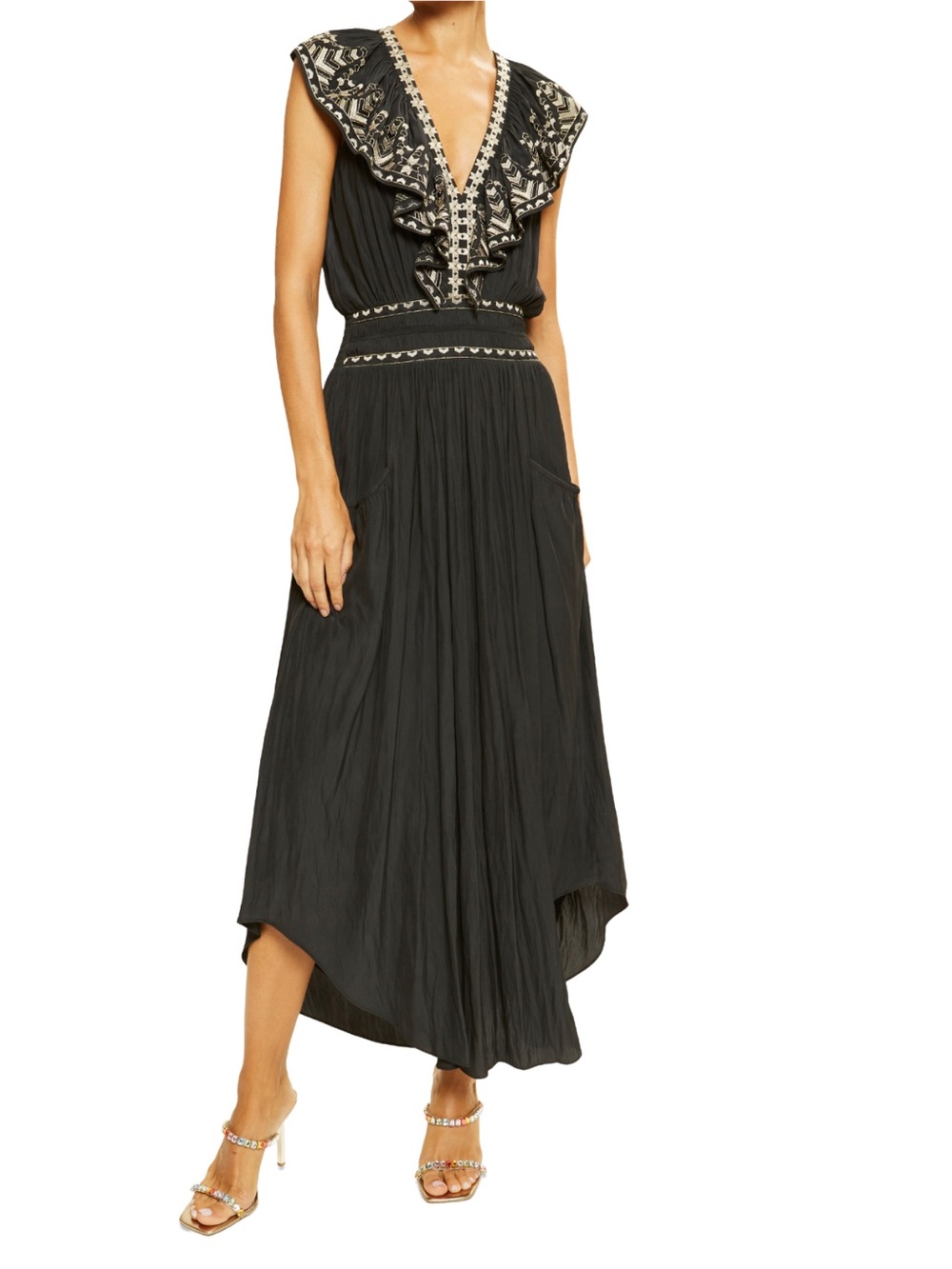 Ramy Brook Embellished Camden Maxi Dress, Black with Embroidered Ruffle V-Neck